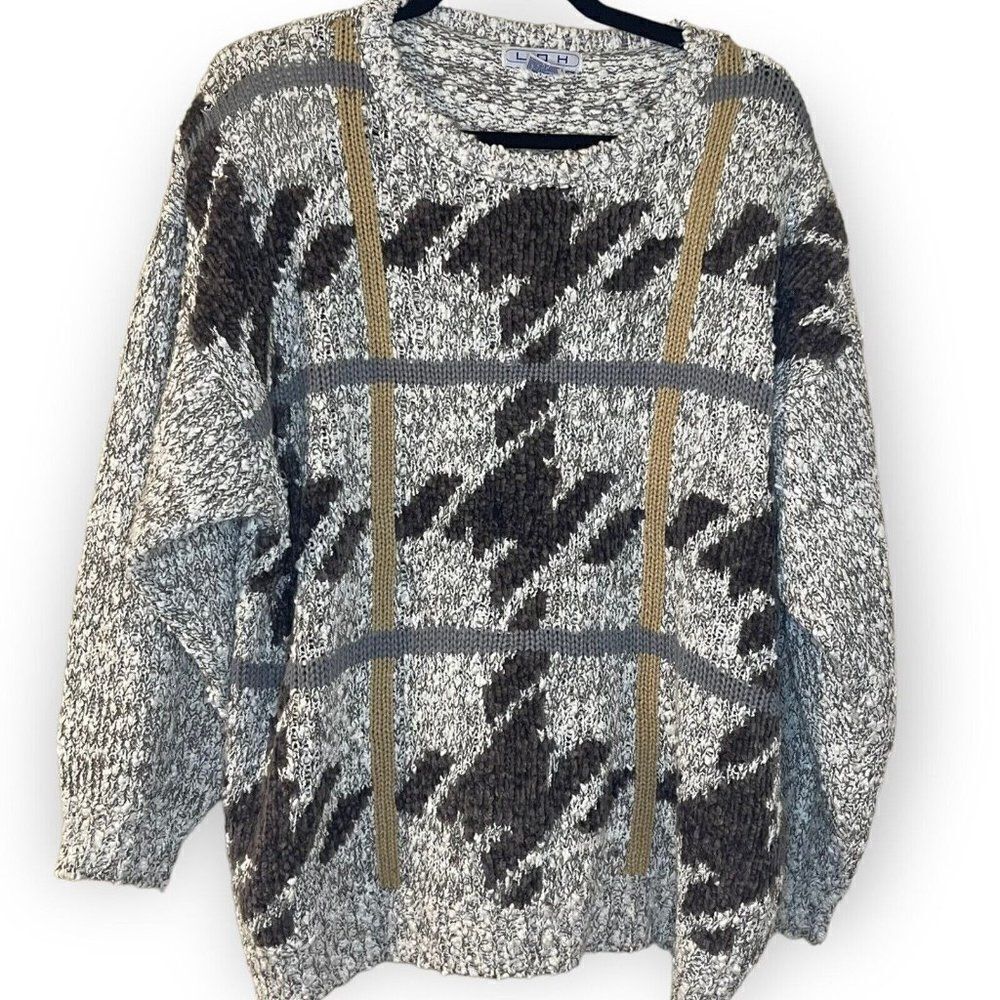 LOH Womens Gray Sweater Plus Size 22W Acrylic Vintage Retro Mixed Print Soft Top